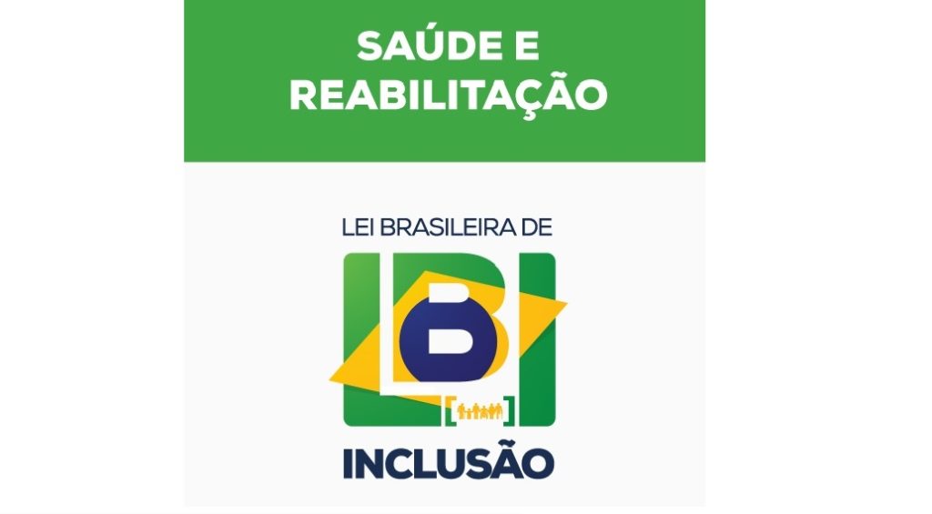 Arte em formato retangular com os dizeres Lei Brasileira de Inclusão formando uma bandeira do Brasil