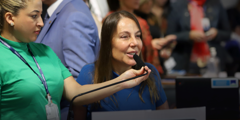 Foto da senadora Mara falando no microfone em sessão do Plenário