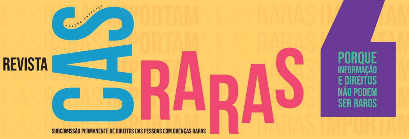 Ilustração da capa da revista CASRARAS conde o CAS em azul e RARAS em rosa sobrepõem um fundo amarelo claro com um teto também em amarelo "Vidas Raras Importam"